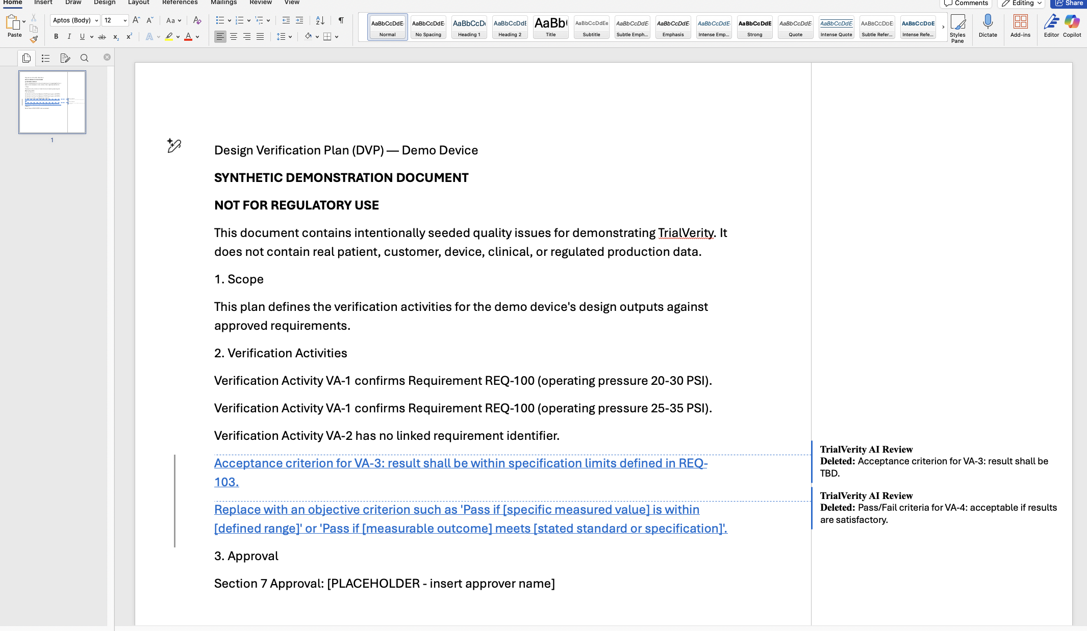 A Reviewed Word Redline showing native Microsoft Word tracked changes generated from completed human review decisions.